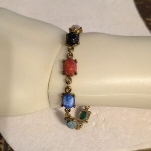 Vintage Scarab Bracelet , Easy Close With Safety Chain. Goldtone 8 Scarabs. Wear